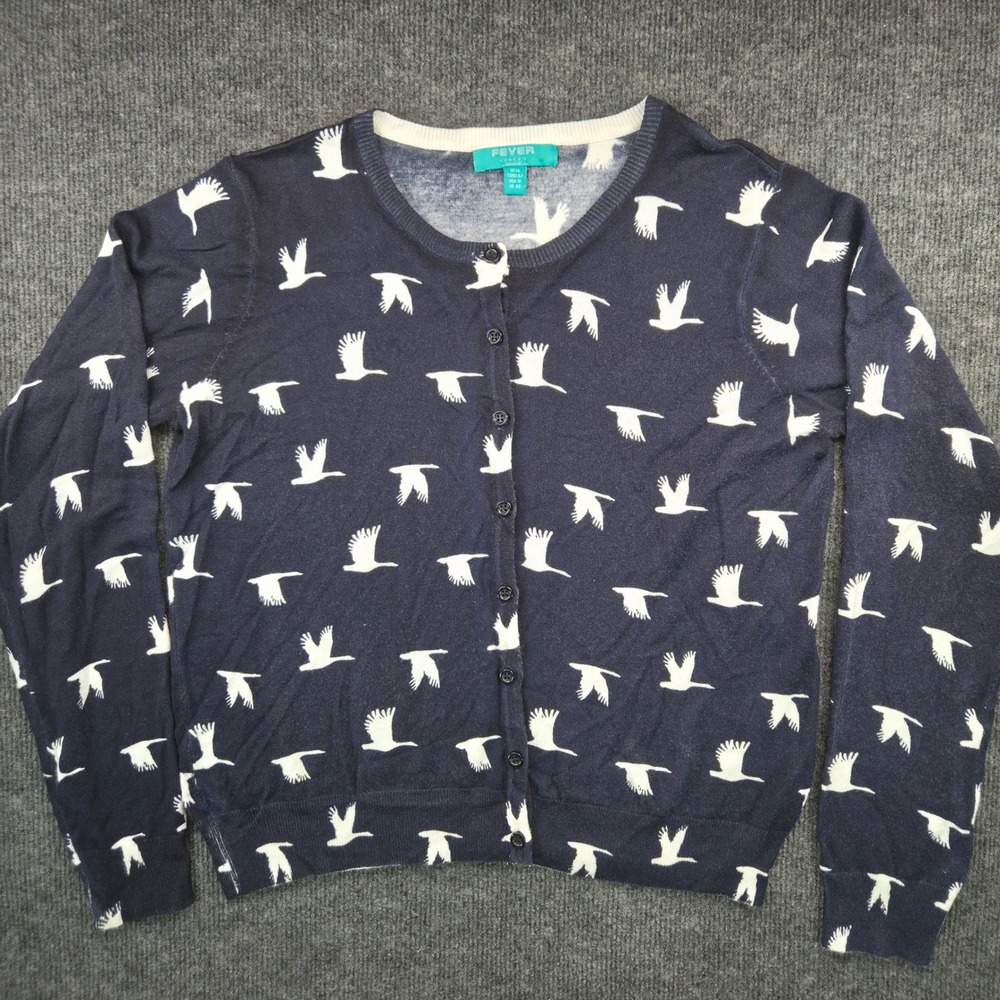 Fever London Cardigan Womens 10 Navy Blue Bird Print Knit Button Front Preppy